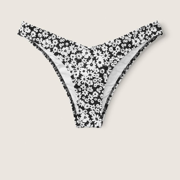 Victoria's secret pink v front itsy bikini swim bottom BLACK WHITE FLORAL LARGE - Picture 2 of 8